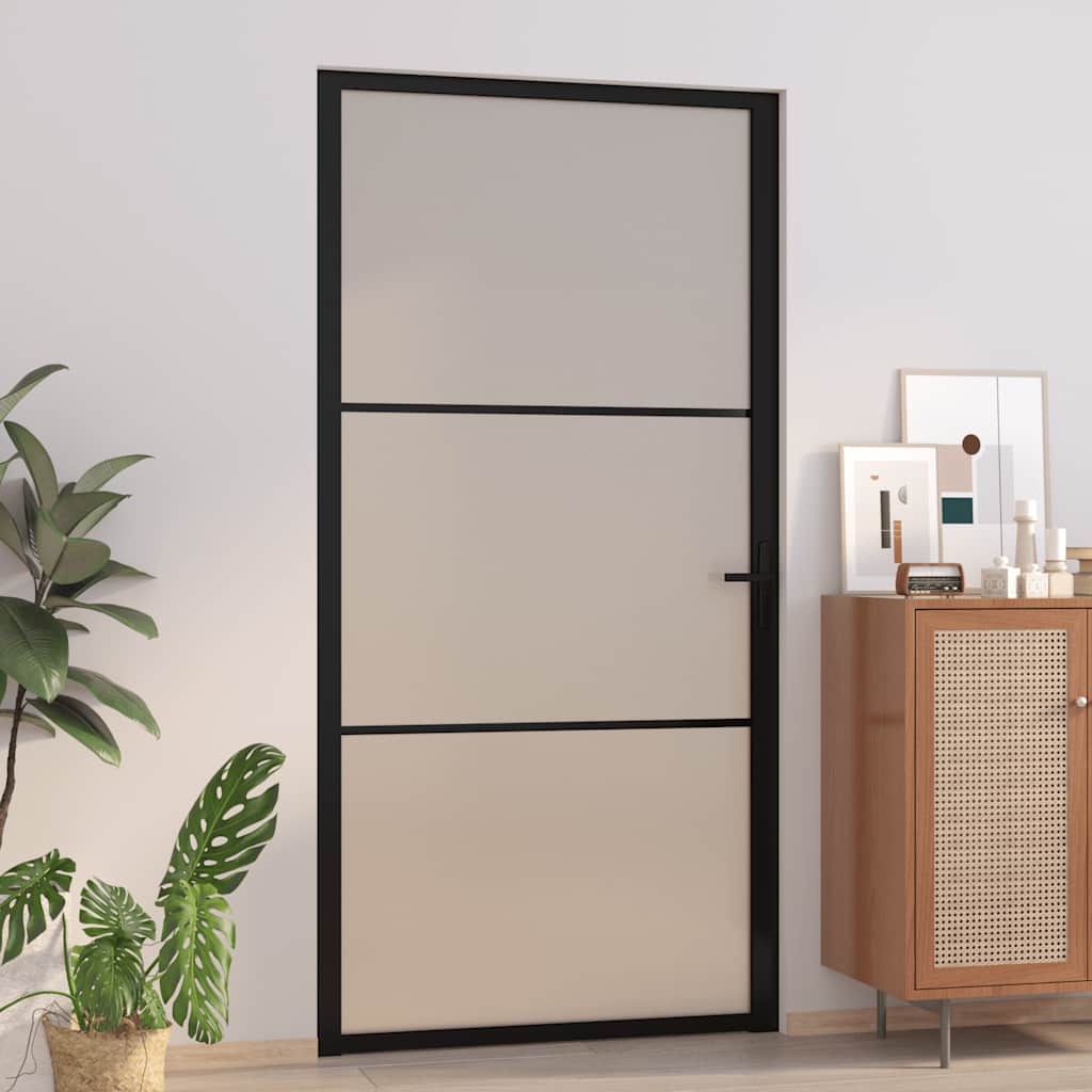 Porta Interna 102,5x201,5 cm Nero Opaco Vetro Temperato e Alluminio