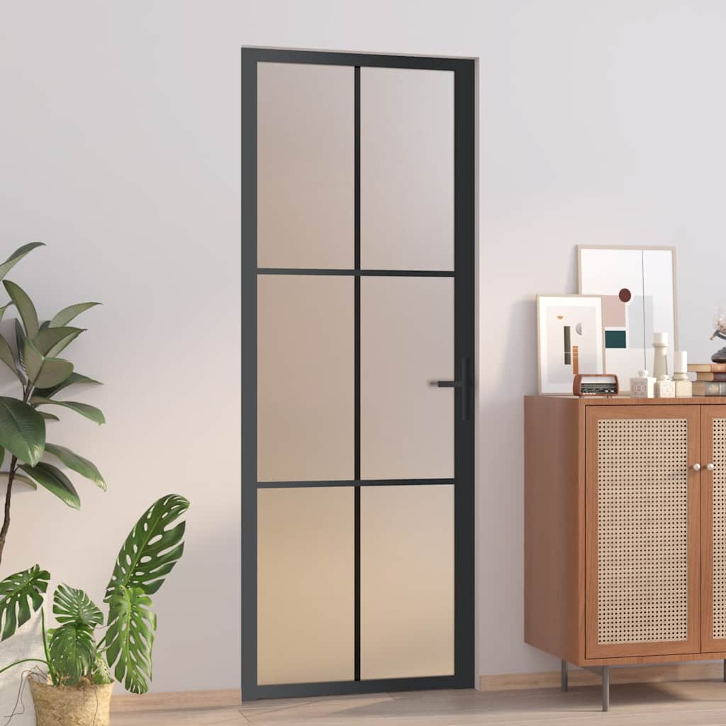 Porta Interna 76x201,5 cm Vetro Opaco e Alluminio Nero