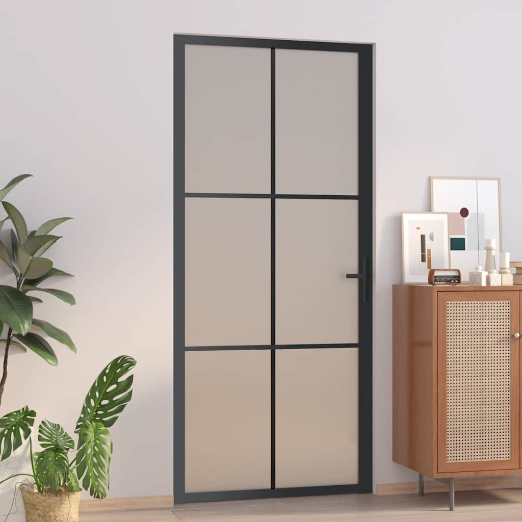 Porta Interna 93x201,5 cm Nero Opaco Vetro Temperato e Alluminio