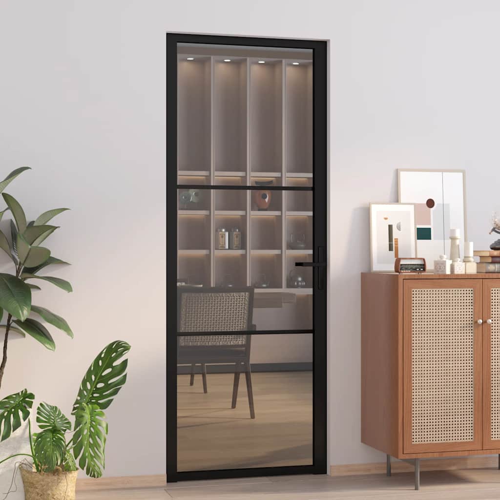 Porta Interna 76x201,5 cm Nero Opaco Vetro Temperato ESG e Alluminio