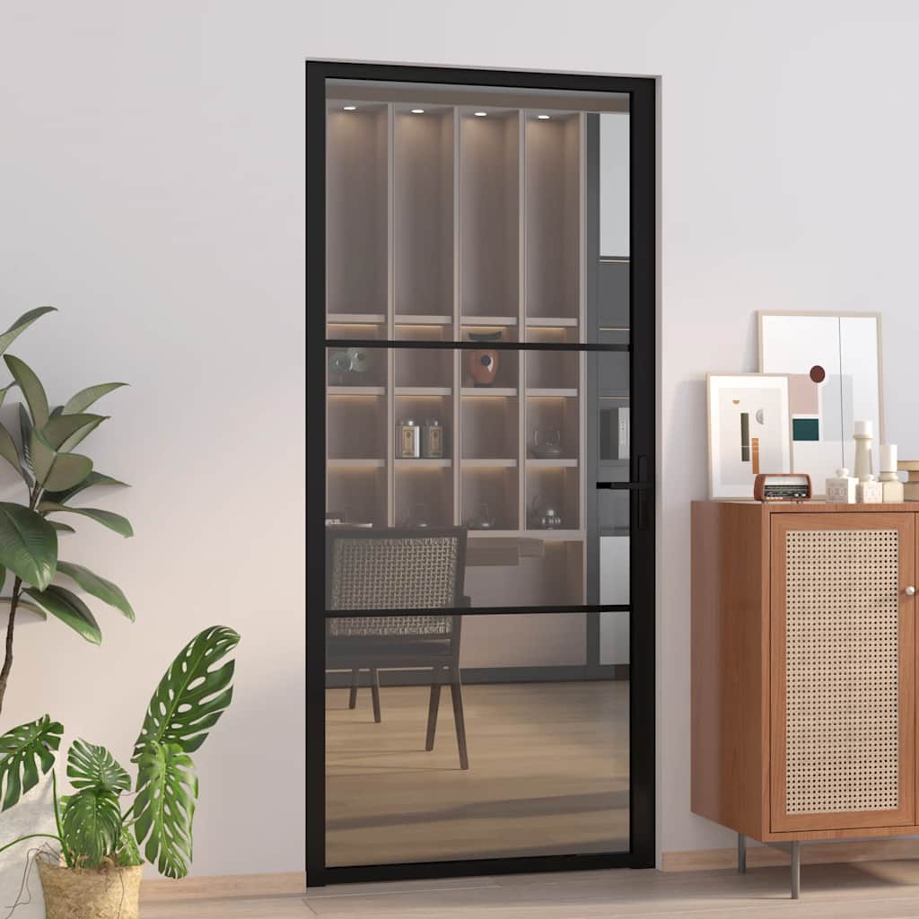 Porta Interna 93x201,5 cm Nera Vetro ESG Temperato e Alluminio