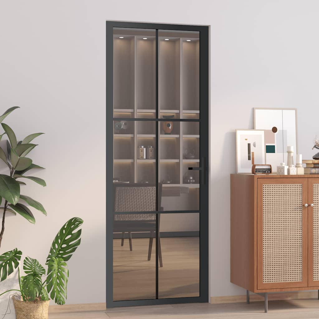 Porta Interna 76x201,5 cm Nera in Vetro Temperato ESG e Alluminio