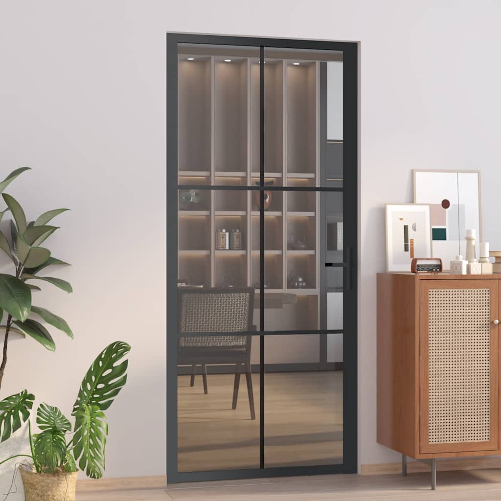 Porta Interna 93x201,5 cm Nera in Vetro Temperato ESG e Alluminio
