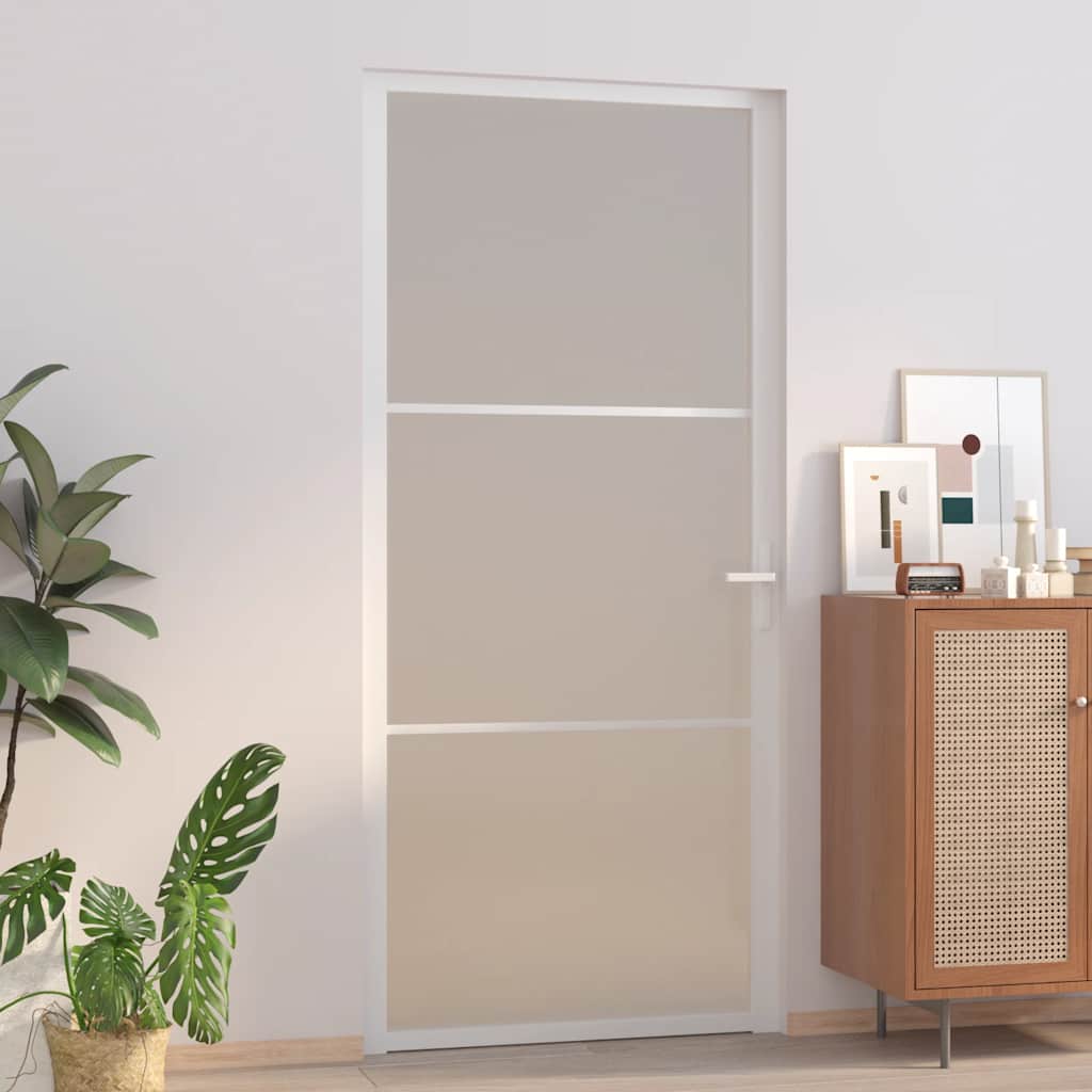 Porta Interna 93x201,5 cm Bianco Opaco Vetro Temperato e Alluminio