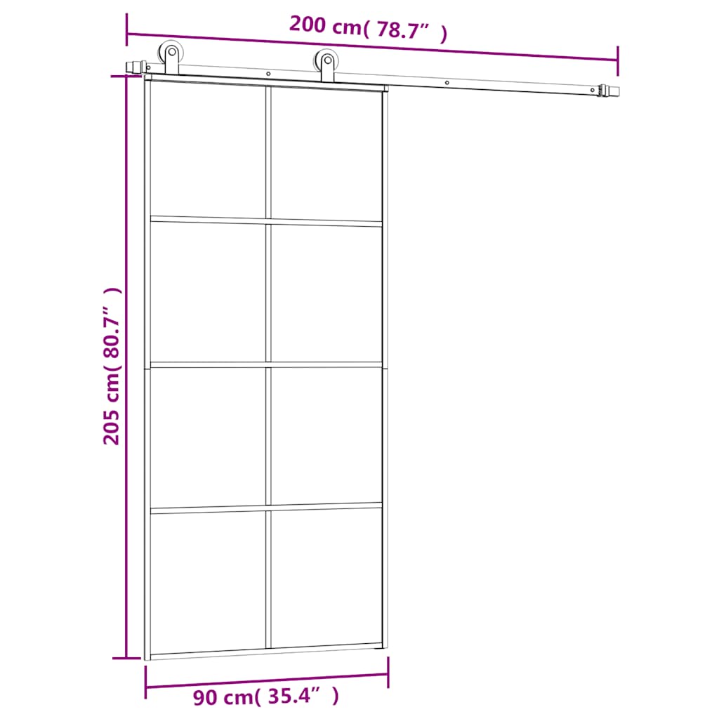 Porta Scorrevole 90x205cm Vetro ESG Satinato Alluminio Nero con Ferramenta