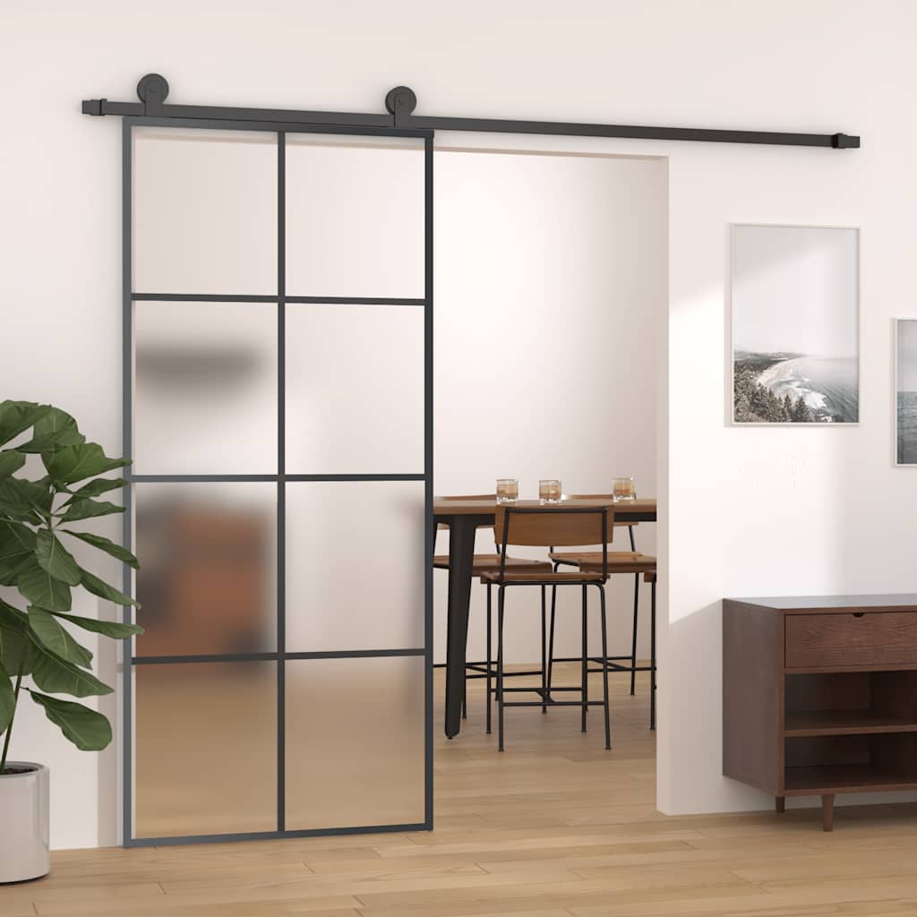 Porta Scorrevole 90x205cm Vetro ESG Satinato Alluminio Nero con Ferramenta