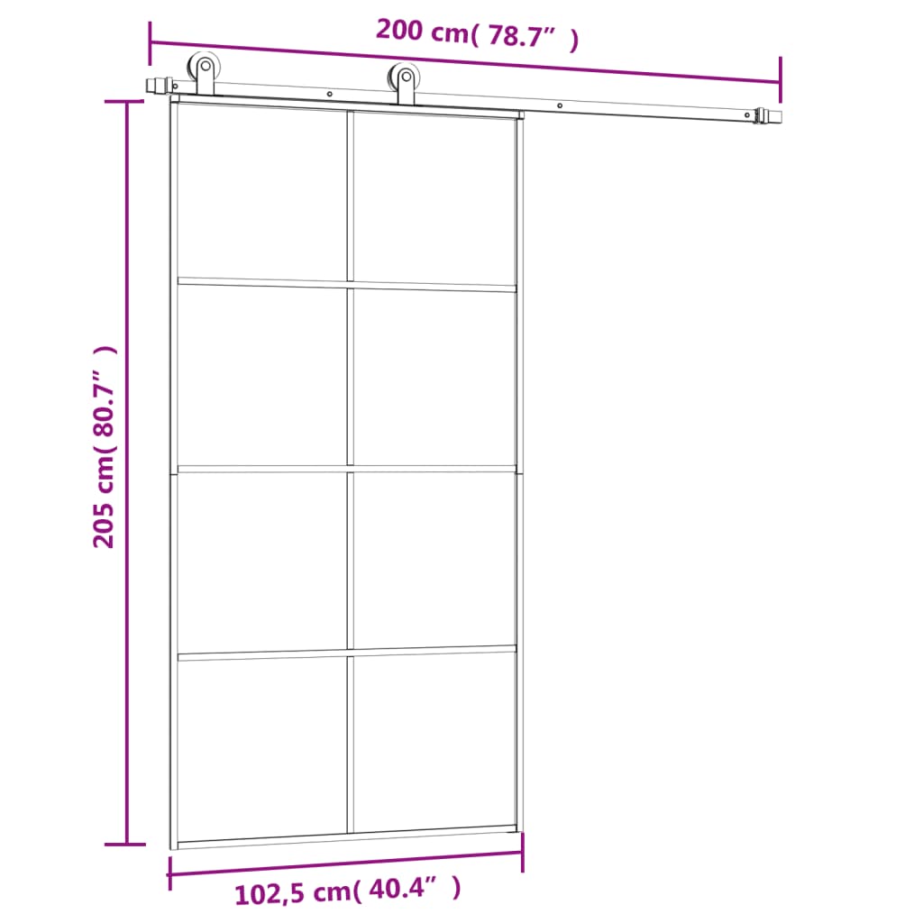 Porta Scorrevole con Ferramenta 102,5x205cm Vetro ESG Satinato Alluminio Nero