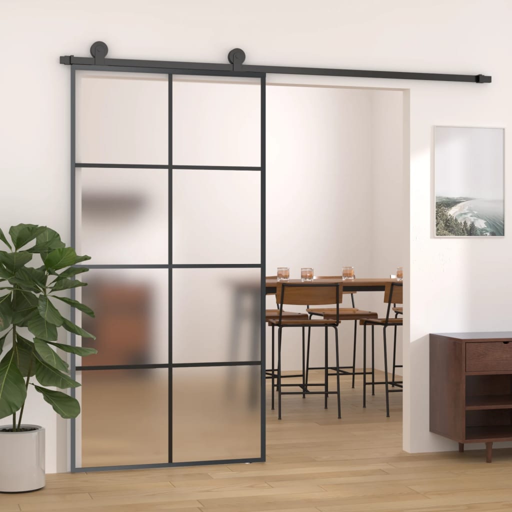 Porta Scorrevole con Ferramenta 102,5x205cm Vetro ESG Satinato Alluminio Nero