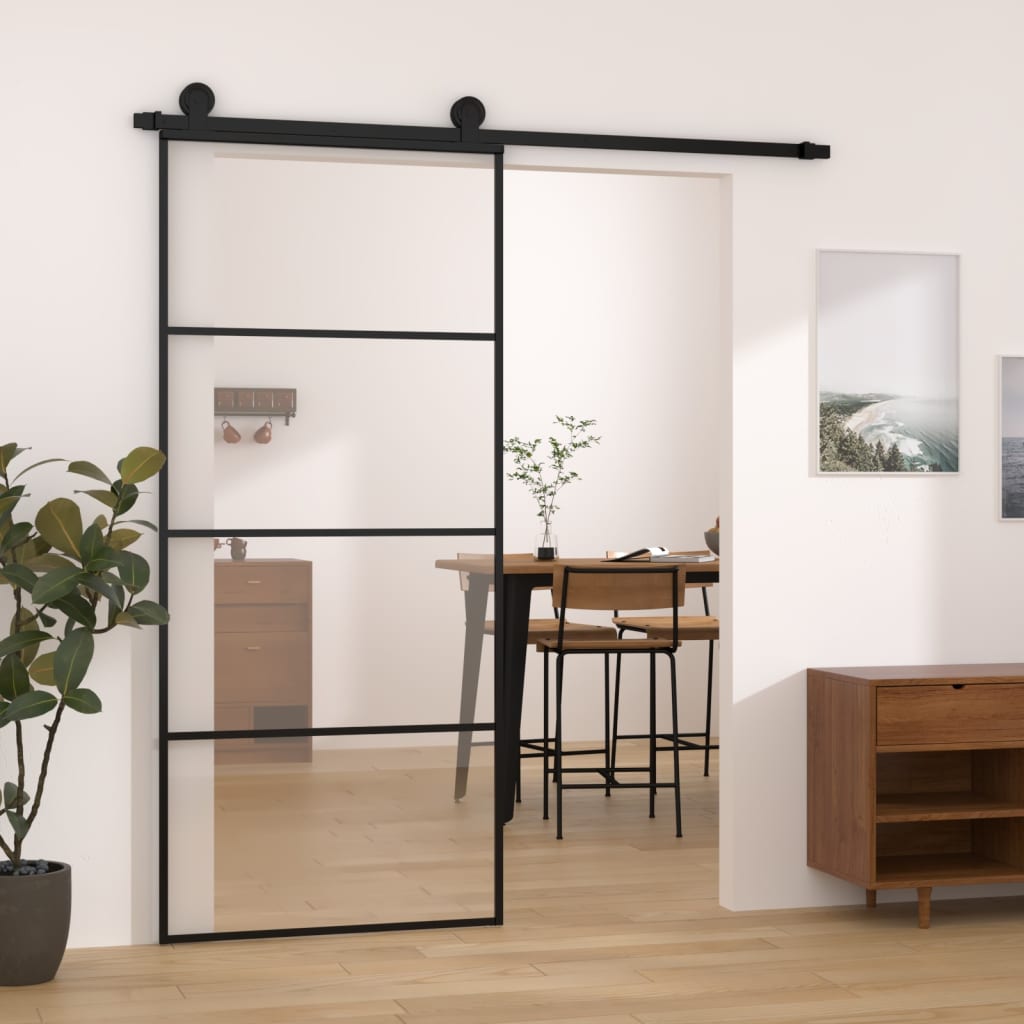 Porta Scorrevole con Ferramenta 90x205cm Vetro ESG Alluminio Nero