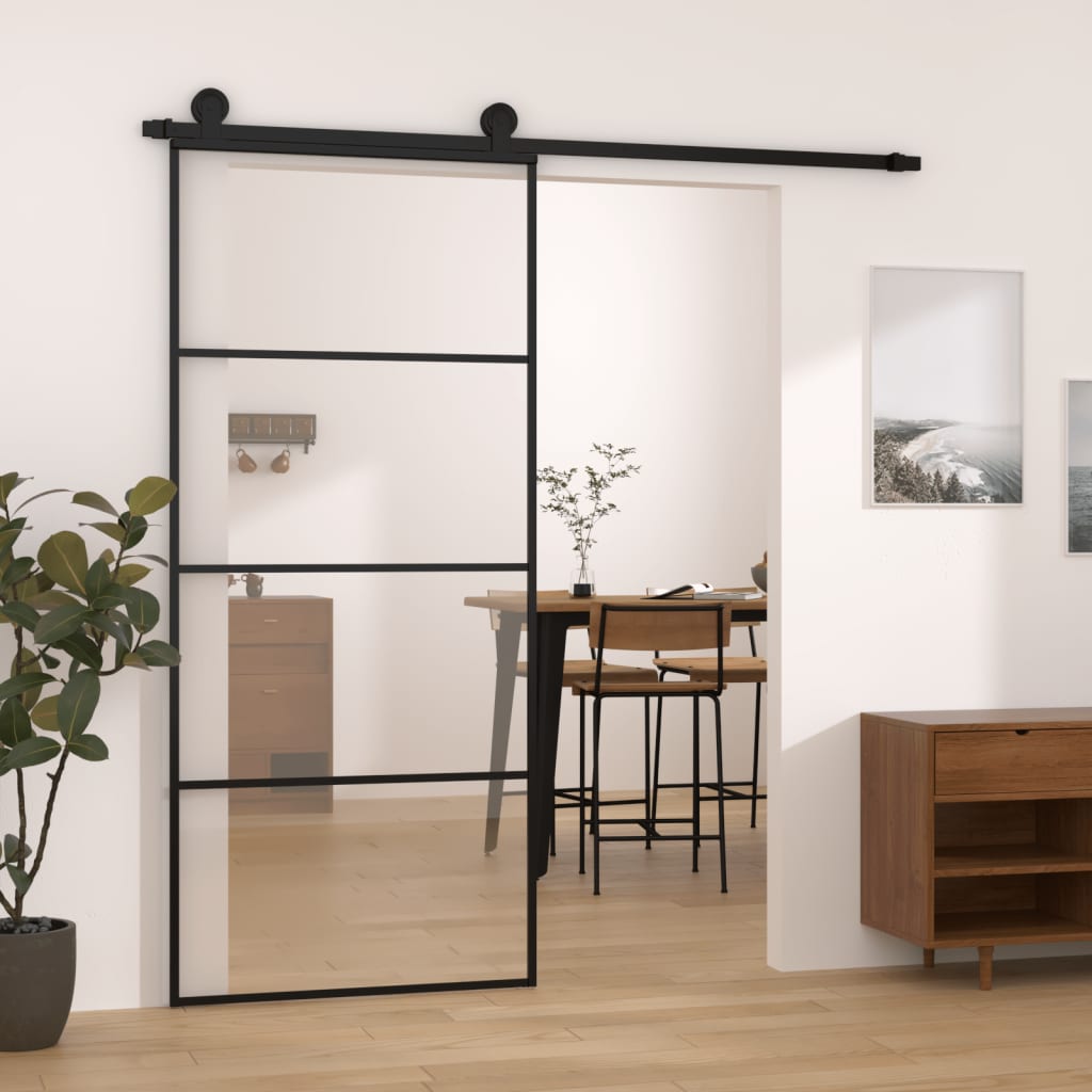 Porta Scorrevole con Ferramenta 90x205cm Vetro ESG Alluminio Nero