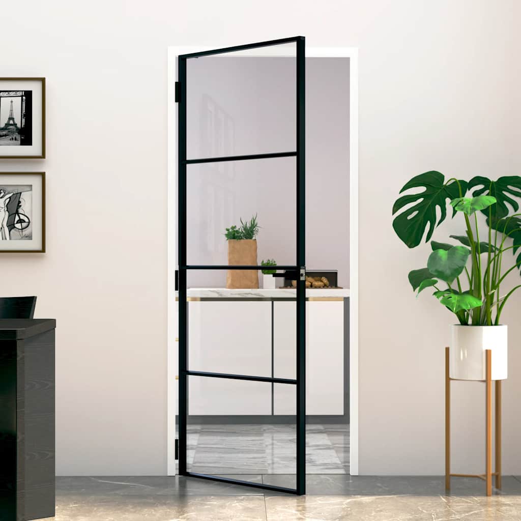 Porta Interna Nera 83x201,5cm Vetro Temperato Alluminio