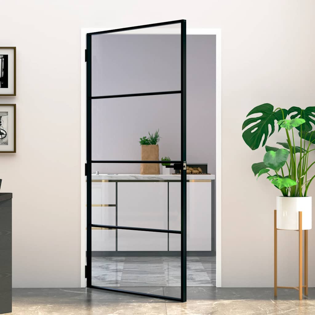 Porta Interna Nera 102x201,5 cm Vetro Temperato Alluminio