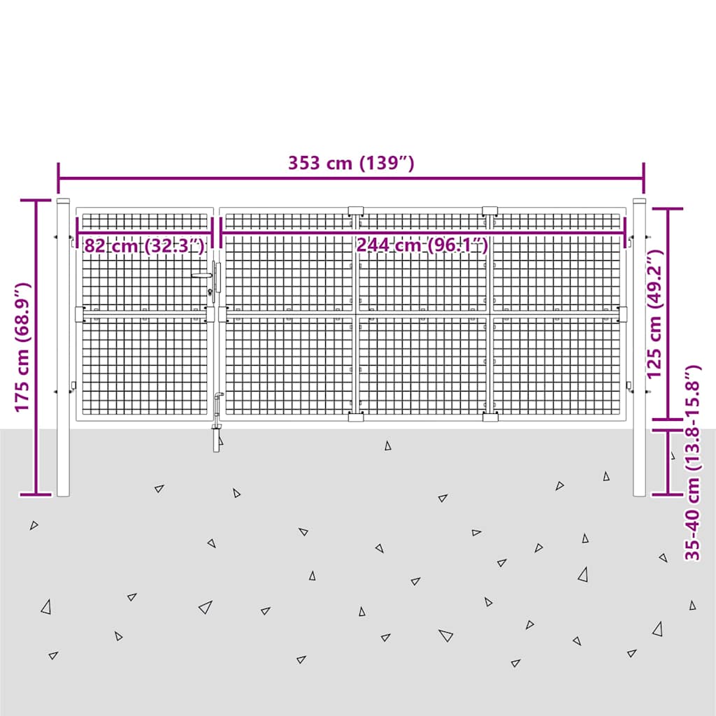 Cancello da Giardino in Rete 350x125 cm Acciaio Zincato Argento