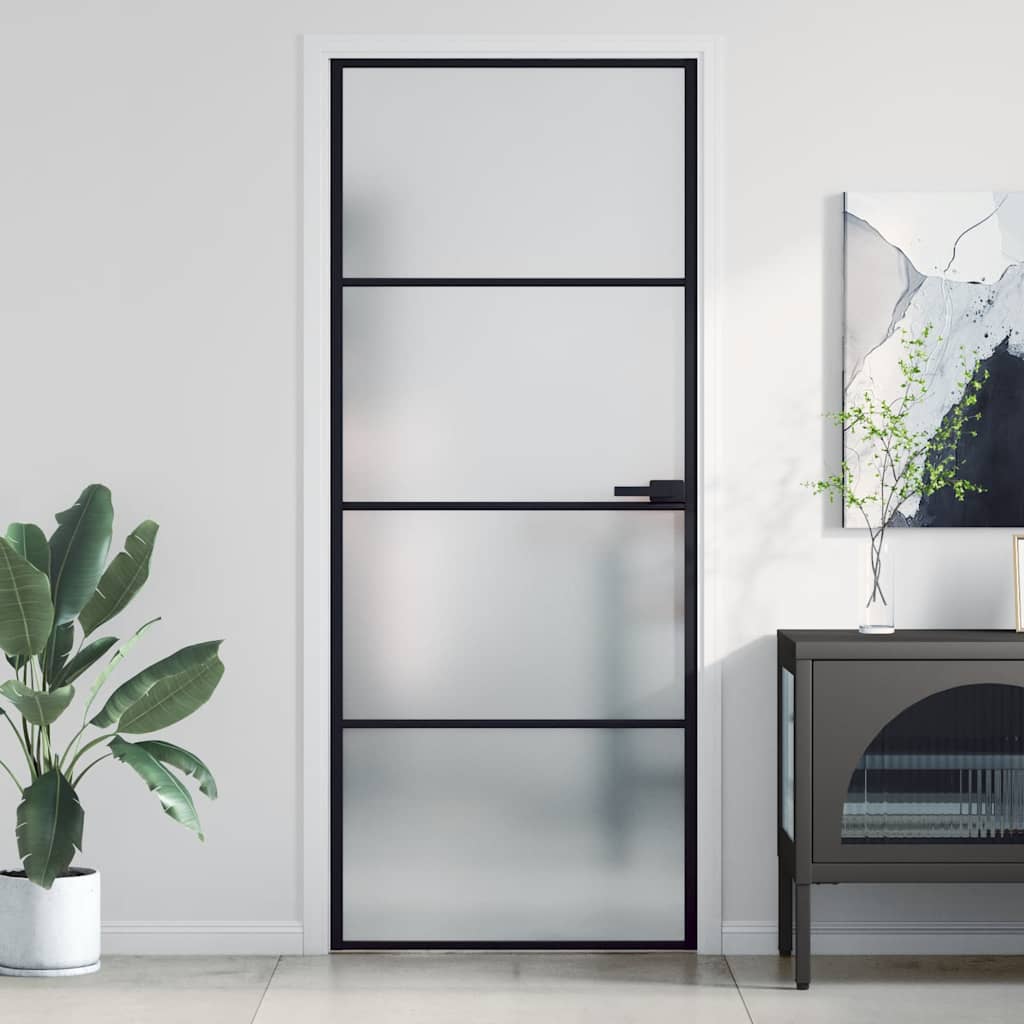 Porta Interni Vetro Temperato Opaco Nero 83x201,5cm Telaio Alluminio