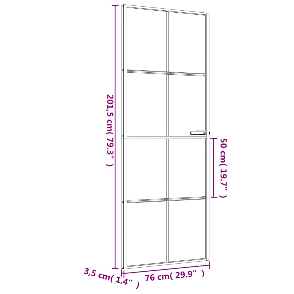 Porta Interna Sottile Nera 76x201,5 cm Vetro Temperato Alluminio