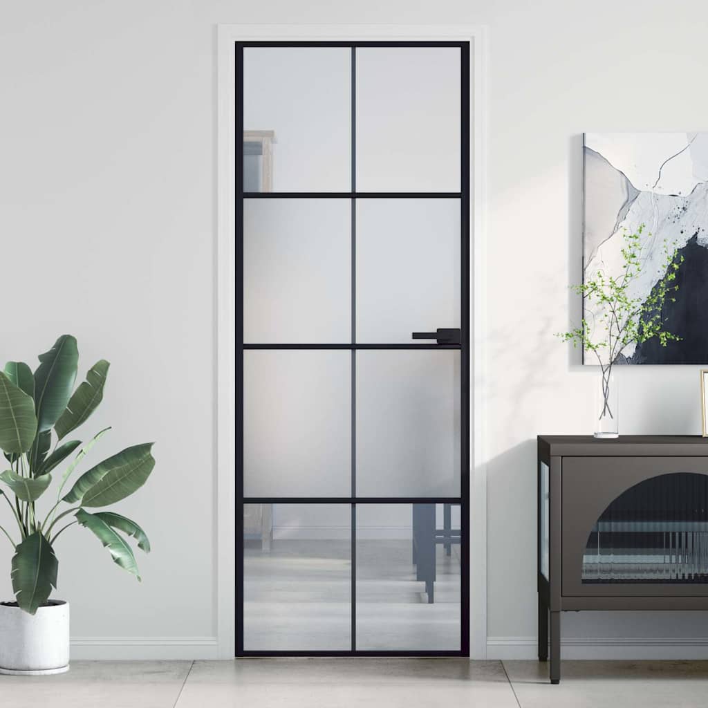 Porta Interna Sottile Nera 76x201,5 cm Vetro Temperato Alluminio