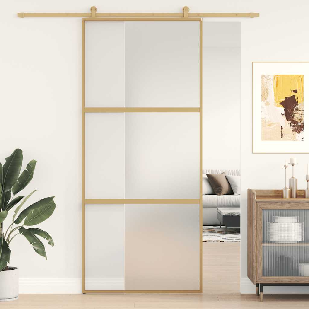 Porta Scorrevole Dorata 90x205 cm Vetro Smerigliato ESG Alluminio