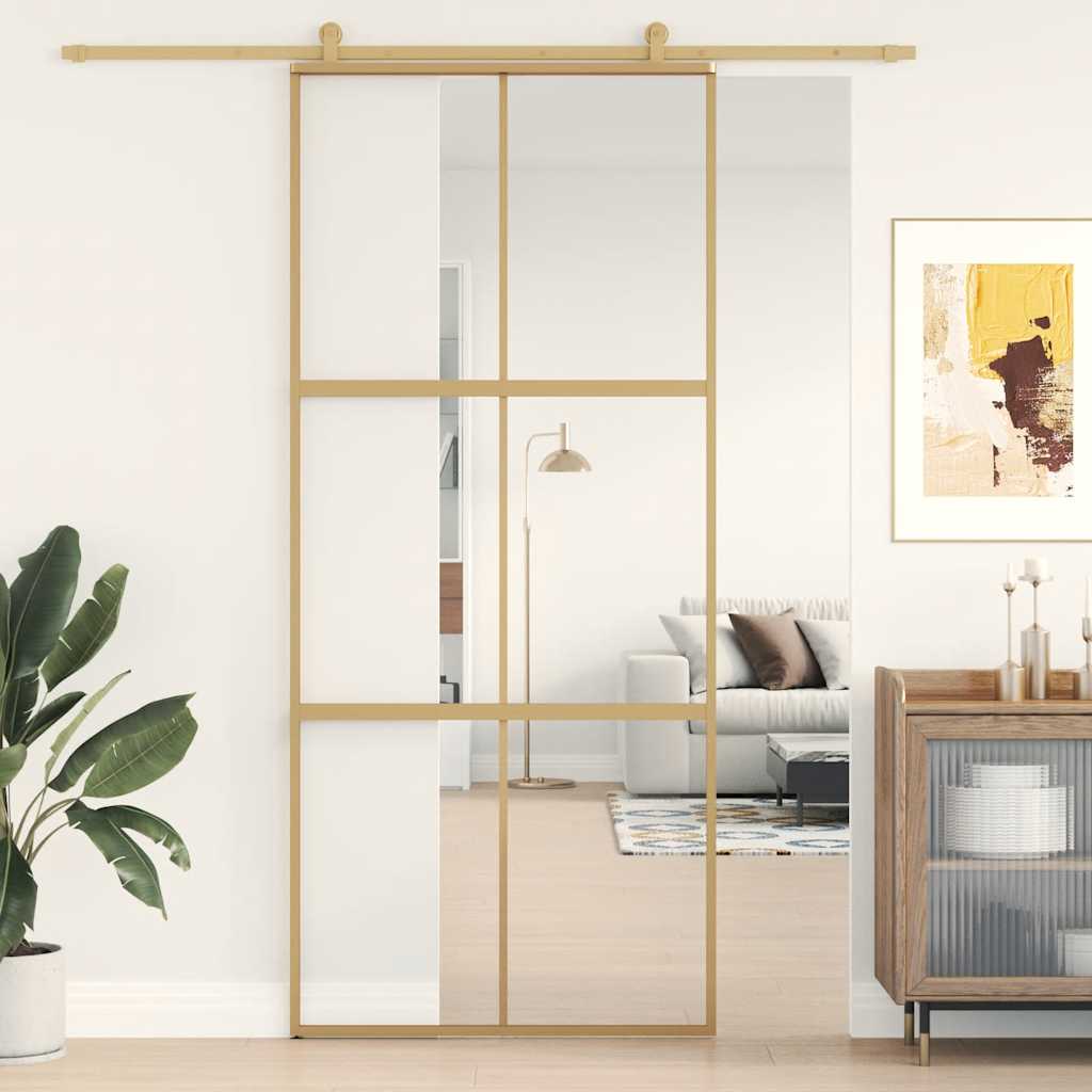Porta Scorrevole Dorata 90x205 cm Vetro Trasparente ESG Alluminio