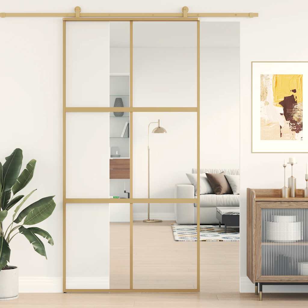 Porta Scorrevole Oro 102,5x205 cm Vetro Trasparente ESG Alluminio