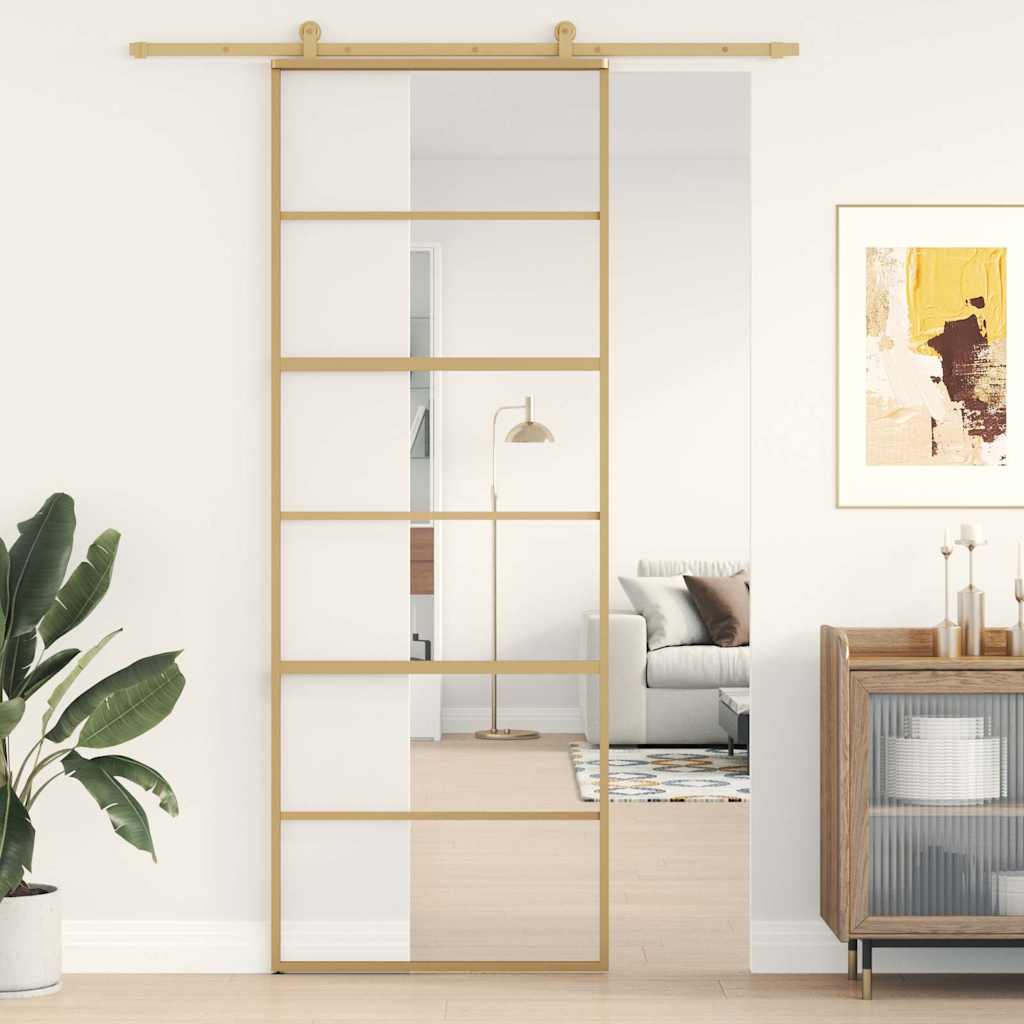 Porta Scorrevole Dorata 76x205 cm Vetro Trasparente ESG Alluminio
