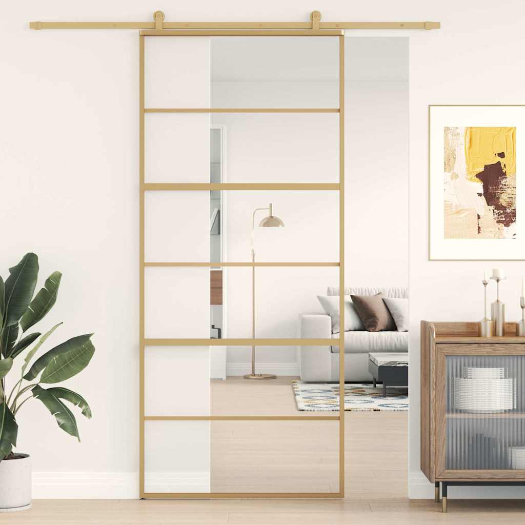 Porta Scorrevole Dorata 90x205 cm Vetro Trasparente ESG Alluminio