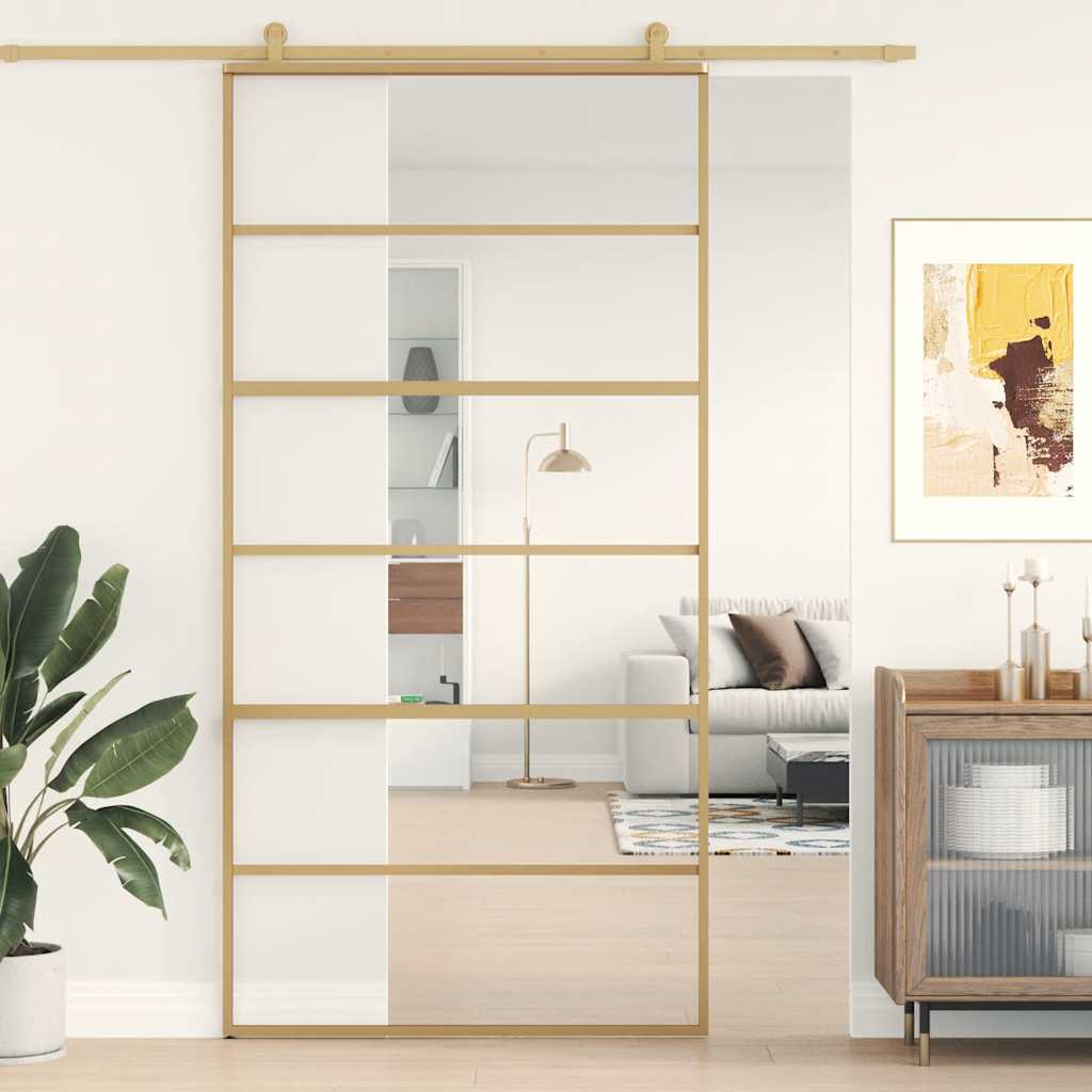 Porta Scorrevole Oro 102,5x205 cm Vetro Trasparente ESG Alluminio
