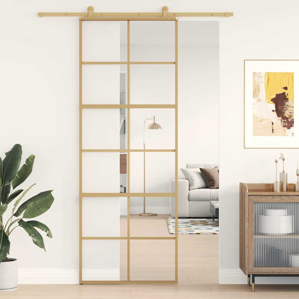 Porta Scorrevole Dorata 76x205 cm Vetro Trasparente ESG Alluminio
