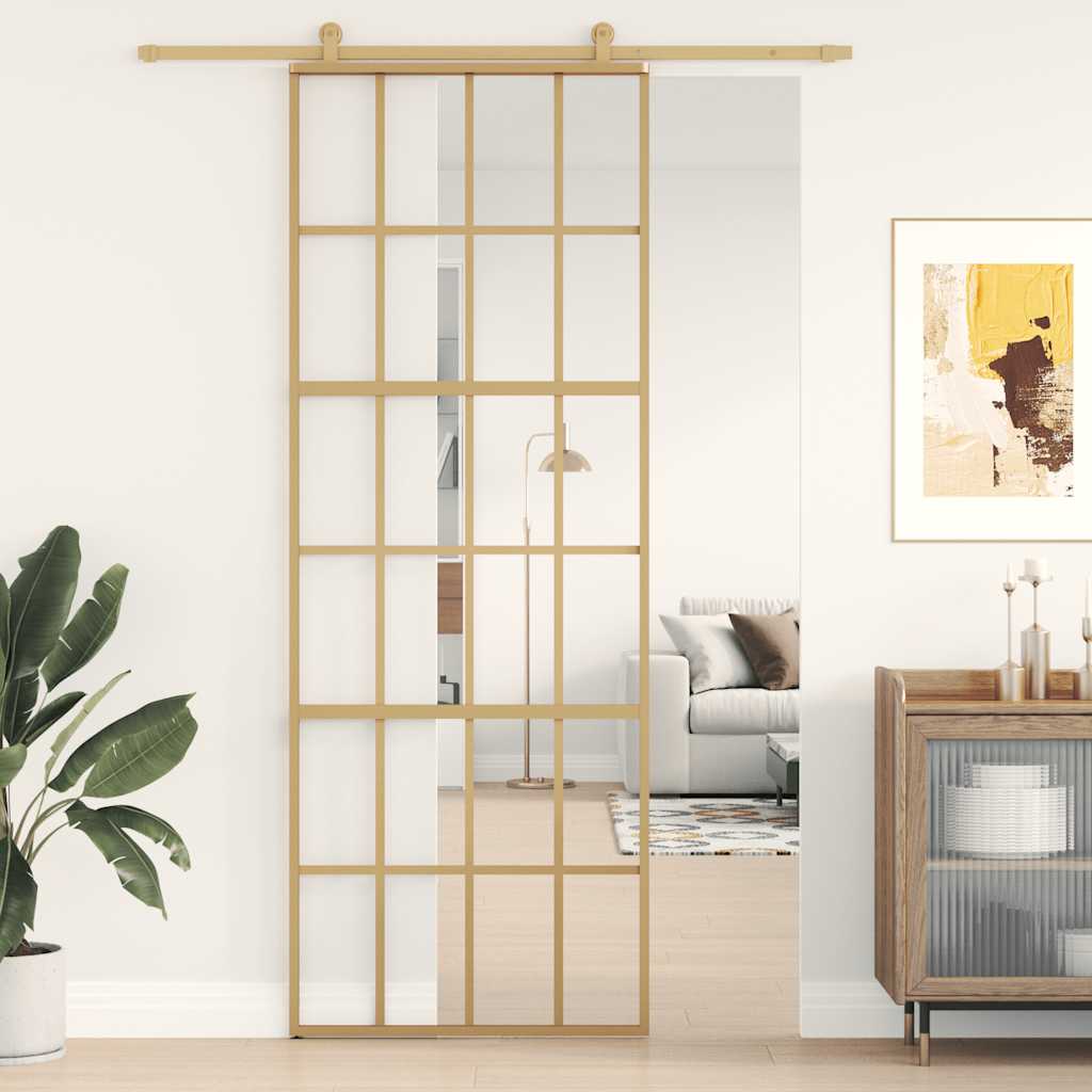Porta Scorrevole Dorata 76x205 cm Vetro Trasparente ESG Alluminio