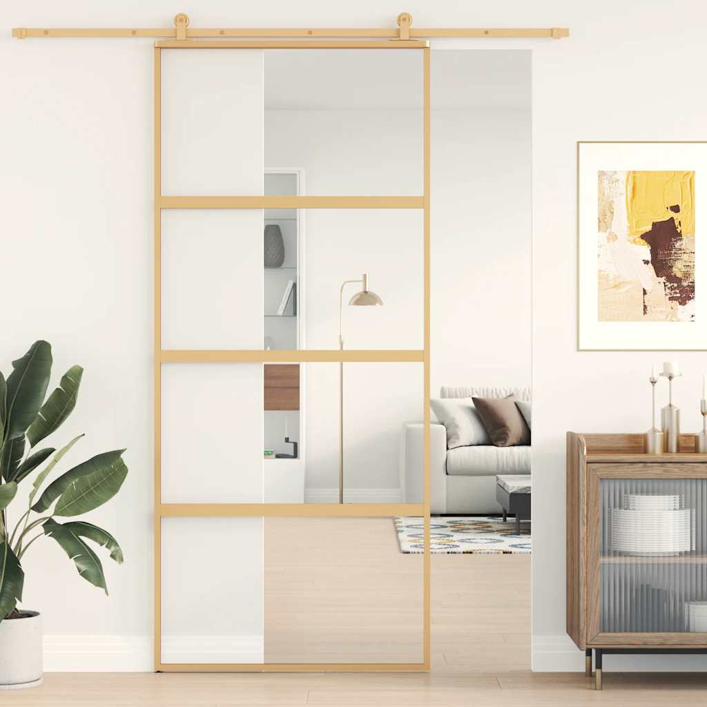 Porta Scorrevole Dorata 90x205 cm Vetro Trasparente ESG Alluminio