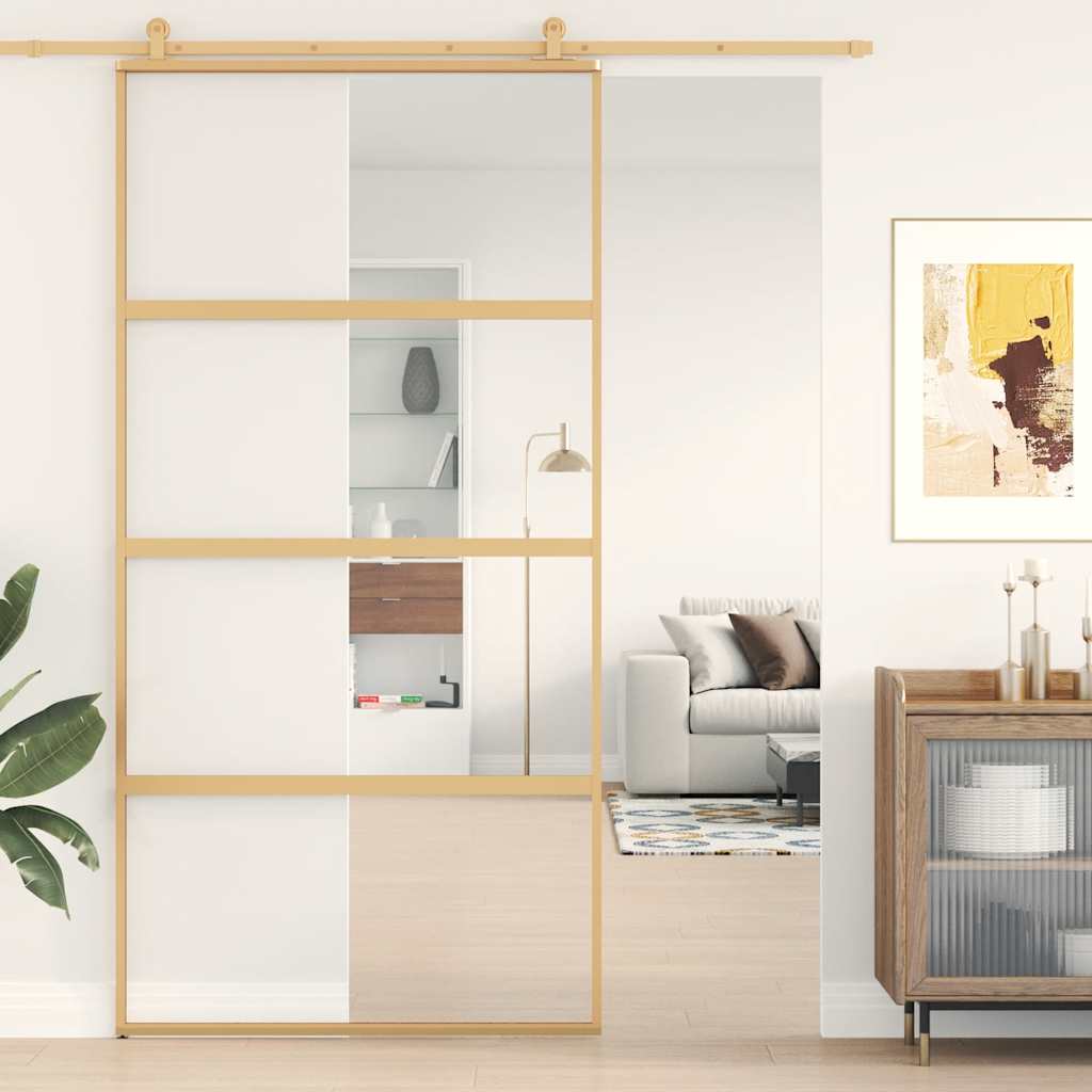 Porta Scorrevole Oro 102,5x205 cm Vetro Trasparente ESG Alluminio