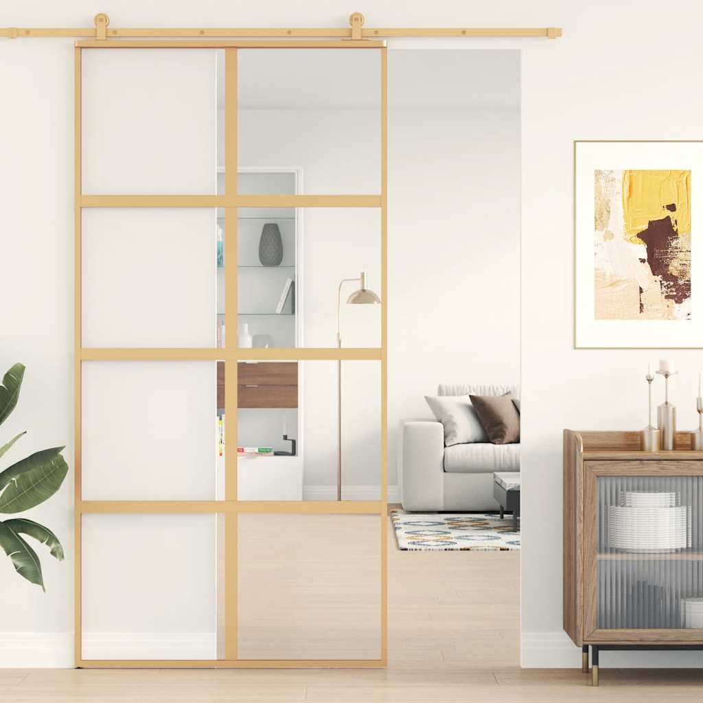 Porta Scorrevole Oro 102,5x205 cm Vetro Trasparente ESG Alluminio