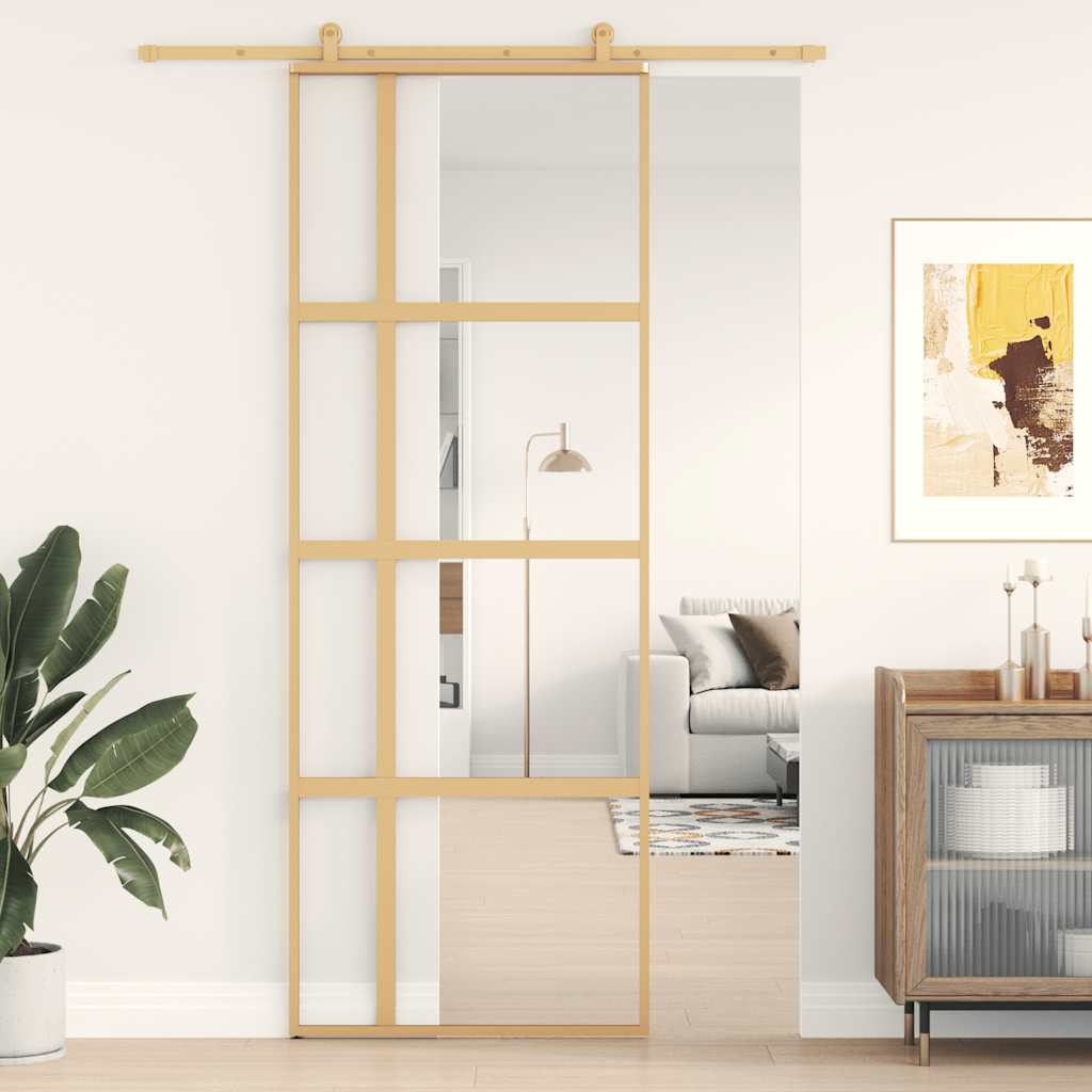Porta Scorrevole Dorata 76x205 cm Vetro Trasparente ESG Alluminio