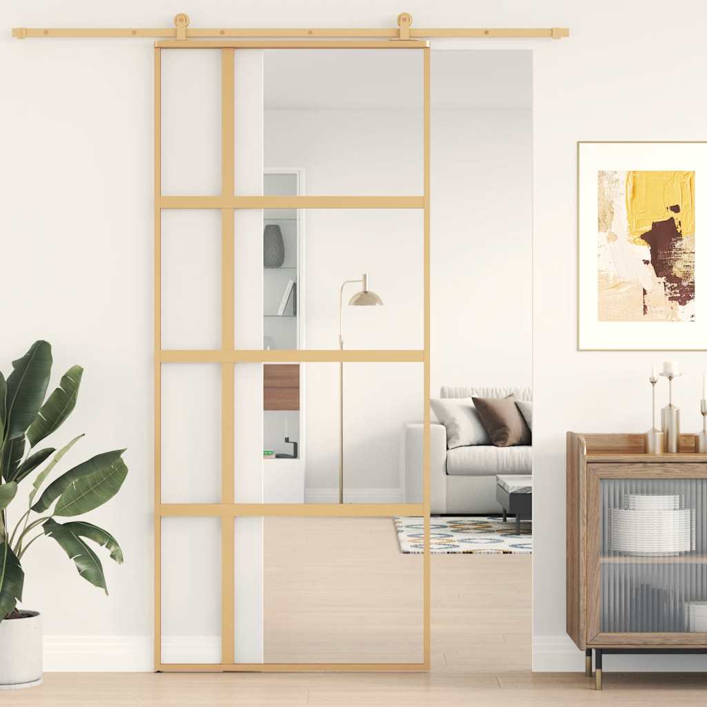 Porta Scorrevole Dorata 90x205 cm Vetro Trasparente ESG Alluminio