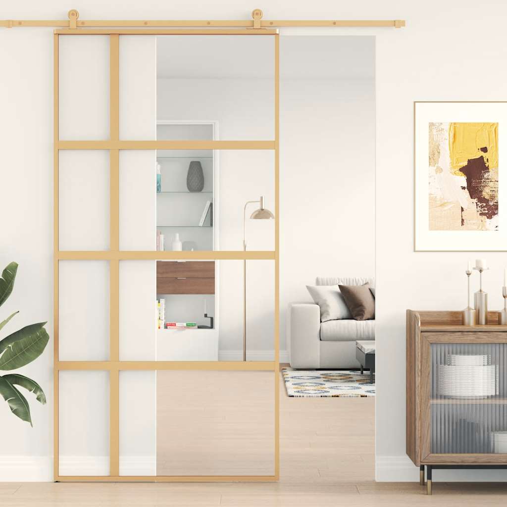 Porta Scorrevole Oro 102,5x205 cm Vetro Trasparente ESG Alluminio