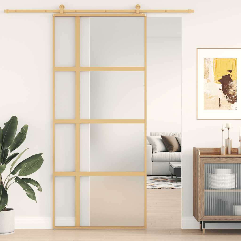 Porta Scorrevole Dorata 90x205 cm Vetro Smerigliato ESG Alluminio