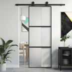 Porta Scorrevole Nera 76x205 cm Vetro Temperato e Alluminio