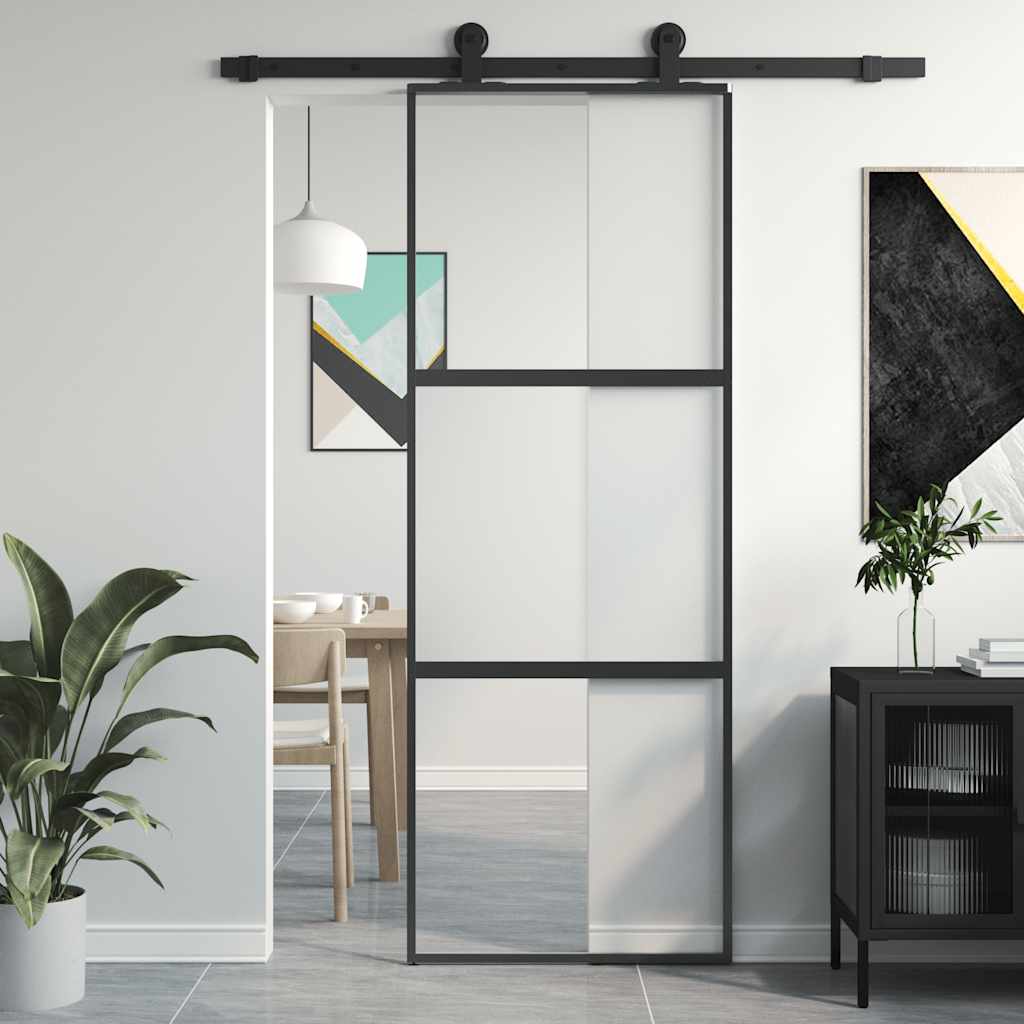 Porta Scorrevole Nera 76x205 cm Vetro Temperato e Alluminio