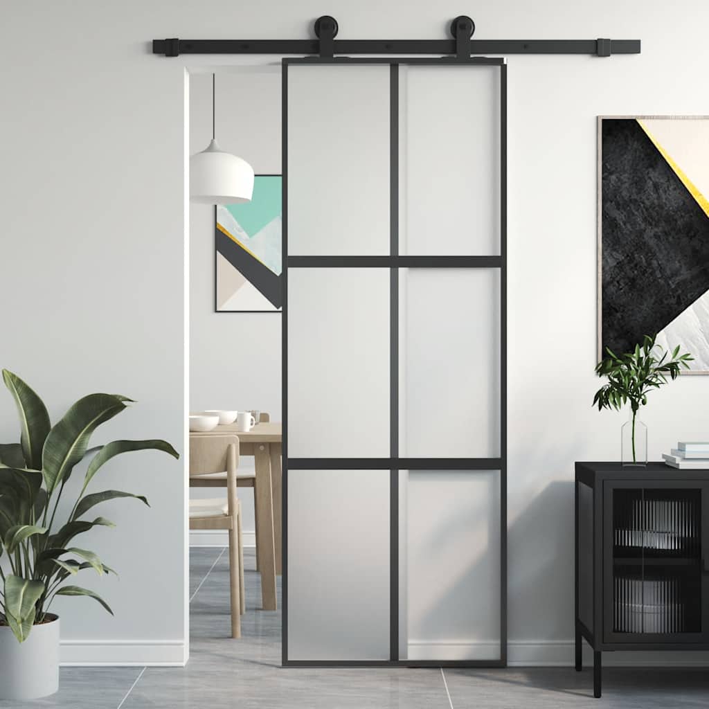 Porta Scorrevole Nera 76x205 cm Vetro Temperato e Alluminio