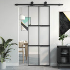 Porta Scorrevole Nera 76x205 cm Vetro Temperato e Alluminio