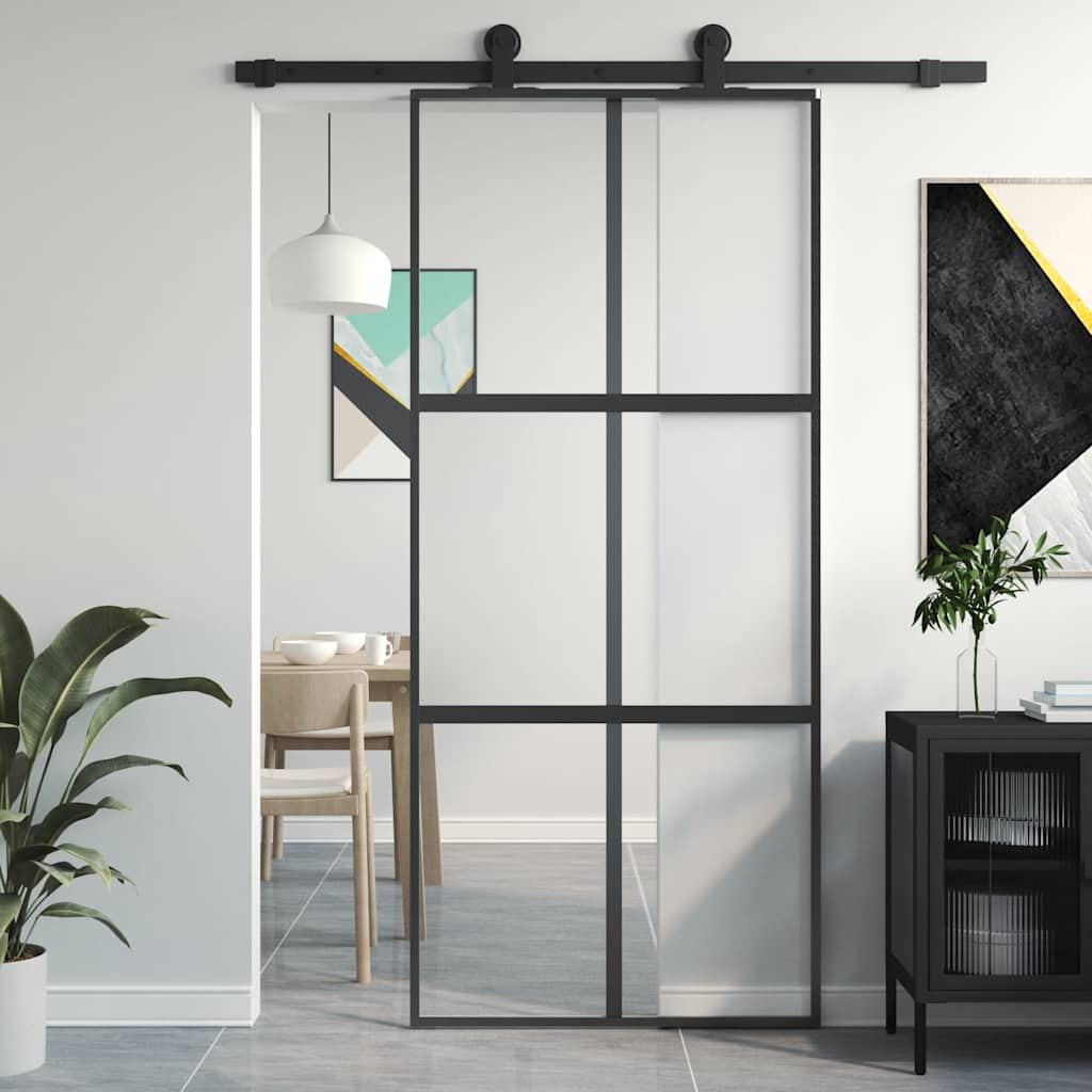 Porta Scorrevole Nera 90x205 cm Vetro Temperato Alluminio