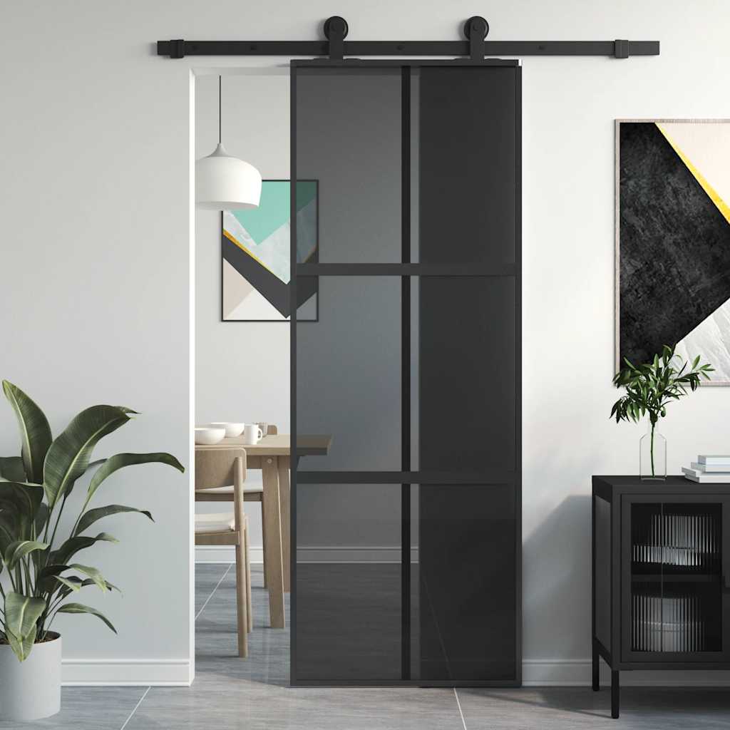 Porta Scorrevole Nera 76x205 cm Vetro Temperato e Alluminio