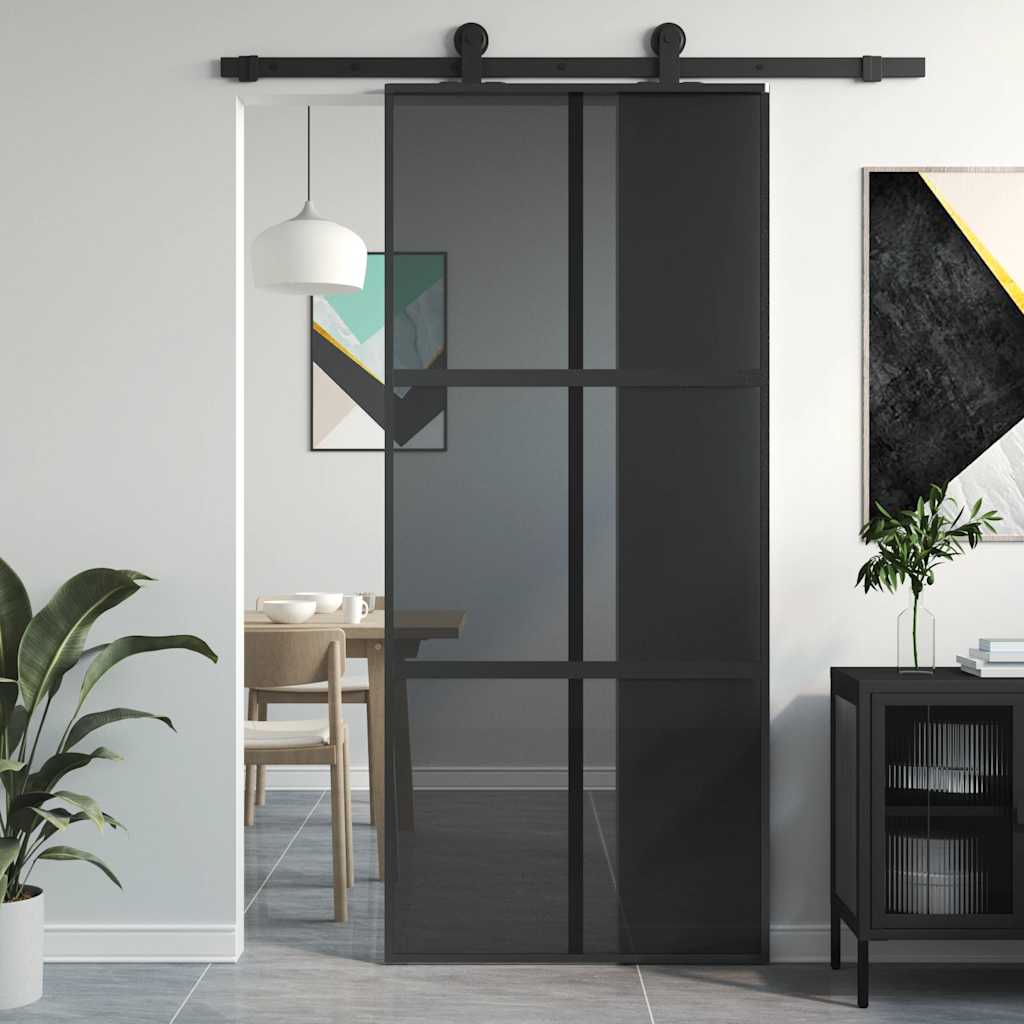 Porta Scorrevole Nera 90x205 cm Vetro Temperato Alluminio