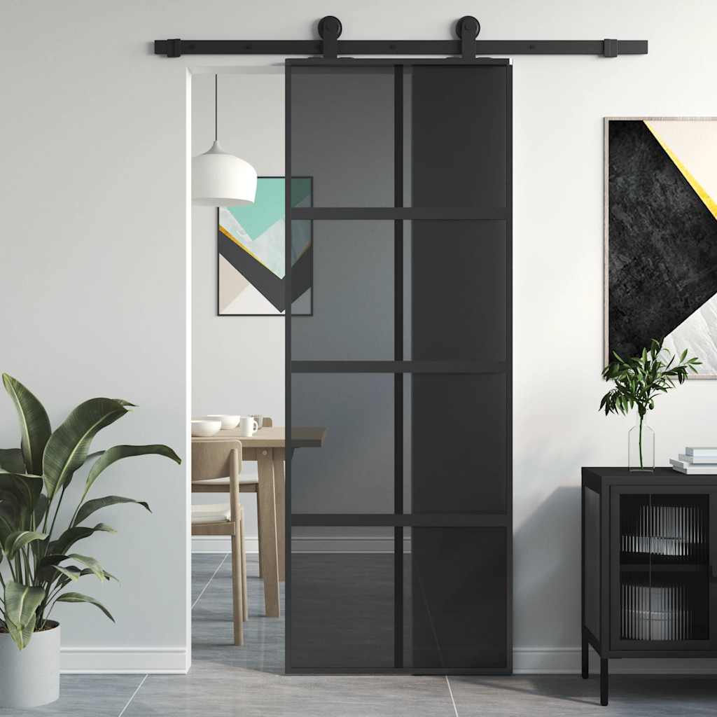 Porta Scorrevole Nera 76x205 cm in Vetro Temperato e Alluminio
