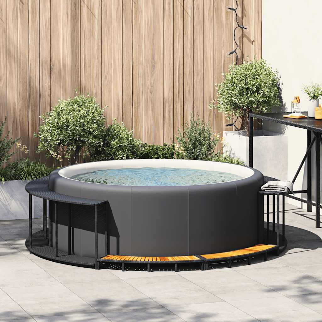 Bordo per Vasca da Spa con Portaoggetti e Gradino Polyrattan Nero