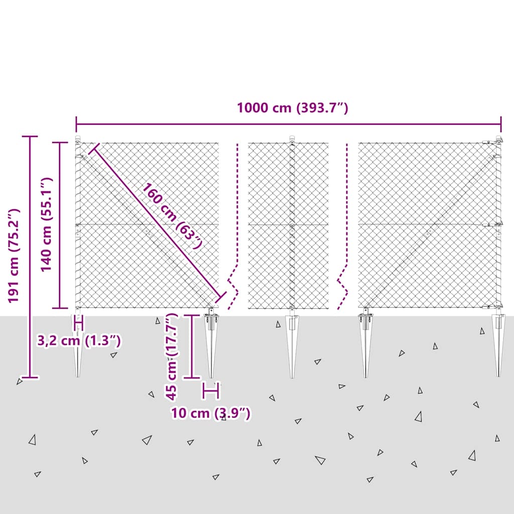 Recinzione in rete saldata con punte 10 x 1,4 m (L x H) - Acciaio zincato