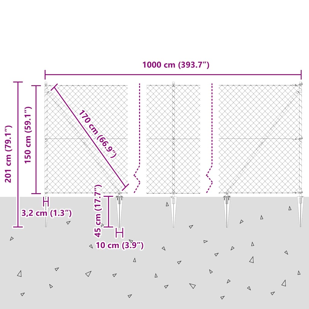 Recinzione in rete saldata zincata 10 x 1,5 m con pali e punte