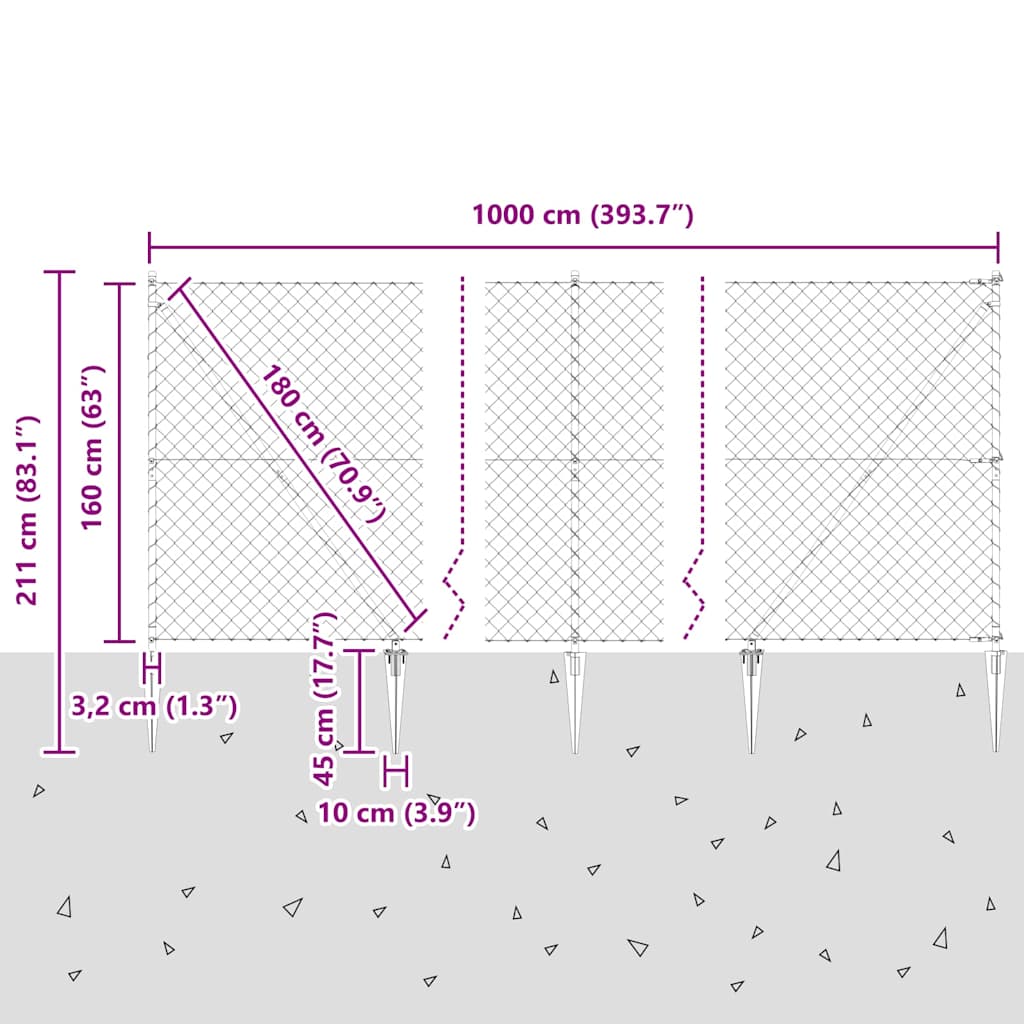 Recinzione in rete saldata zincata 10 x 1,6 m con pali e punte