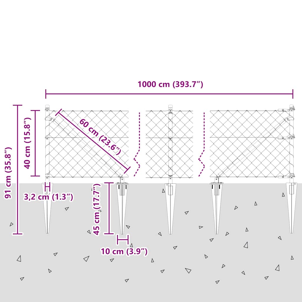 Recinzione in rete saldata zincata 10 x 0,4 m con pali e punte