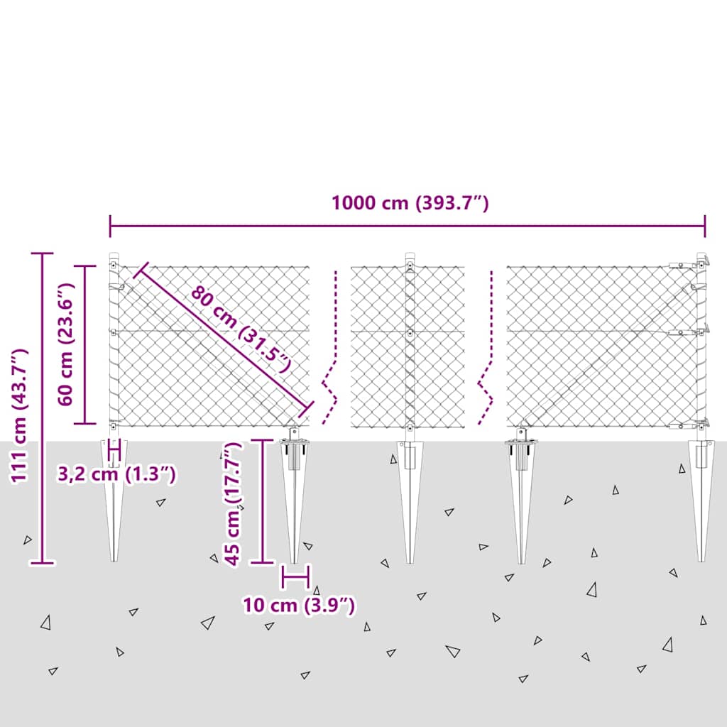 Recinzione in rete saldata 10 x 0,6 m con pali in acciaio zincato