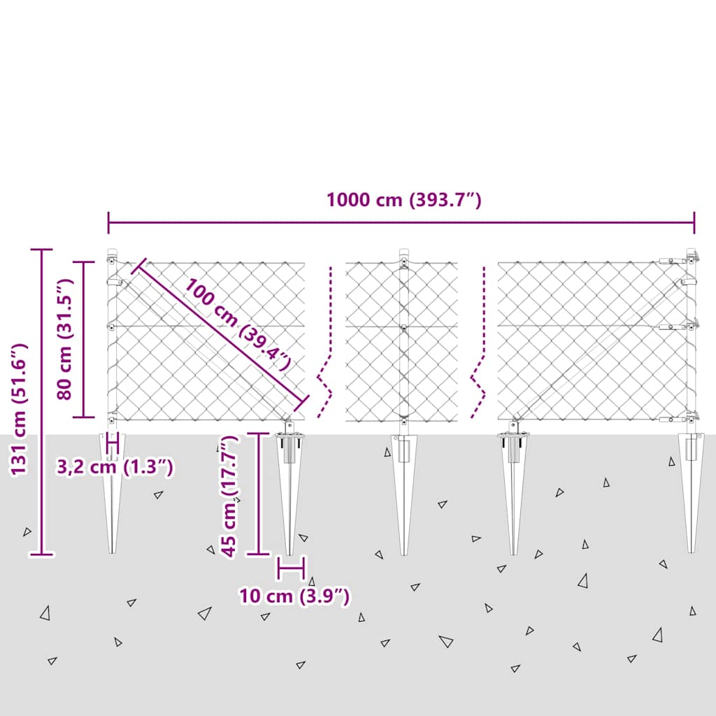 Recinzione in rete saldata 10 x 0,8 m con pali in acciaio zincato